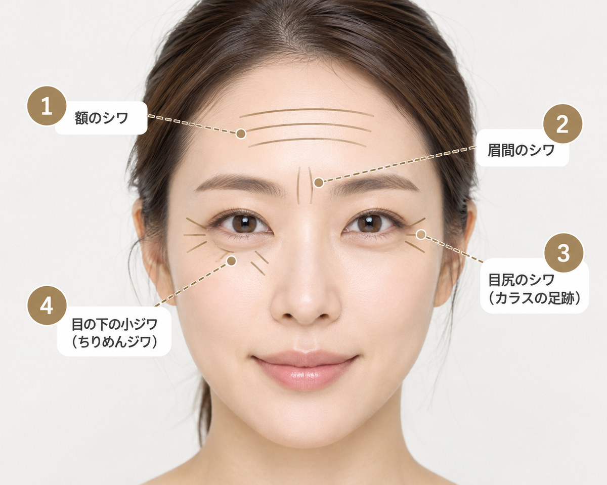 シワが出やすい顔の部位の図：額の横ジワ、眉間の縦ジワ、目尻のシワ、目の下の小ジワ