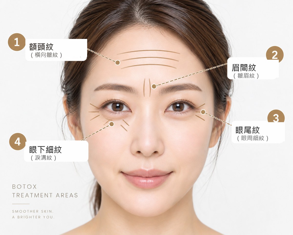肉毒桿菌素可治療的臉部部位：額頭紋、眉間紋、眼尾紋與眼下細紋