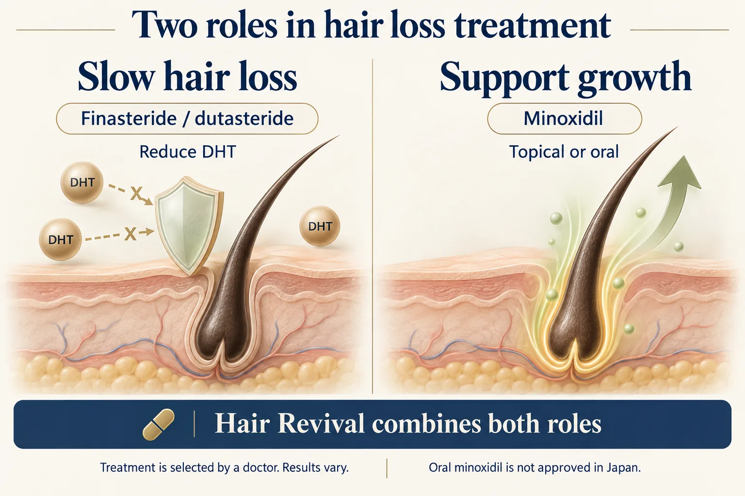 Two roles in hair loss treatment. Slow hair loss: finasteride or dutasteride reduce DHT, the hormone that shrinks follicles. Support growth: minoxidil, topical or oral. Hair Revival combines both roles in one tablet. Treatment is selected by a doctor and results vary. Oral minoxidil is not approved in Japan.