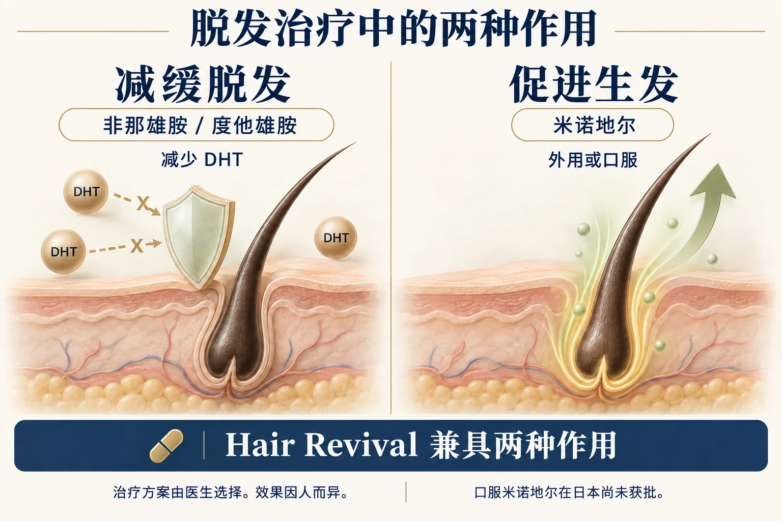 脱发治疗中的两种作用。减缓脱发:Finasteride 或 Dutasteride 减少使毛囊萎缩的 DHT。促进生发:Minoxidil,外用或口服。Hair Revival 兼具两种作用。治疗方案由医生选择,效果因人而异。口服 Minoxidil 在日本尚未获批。