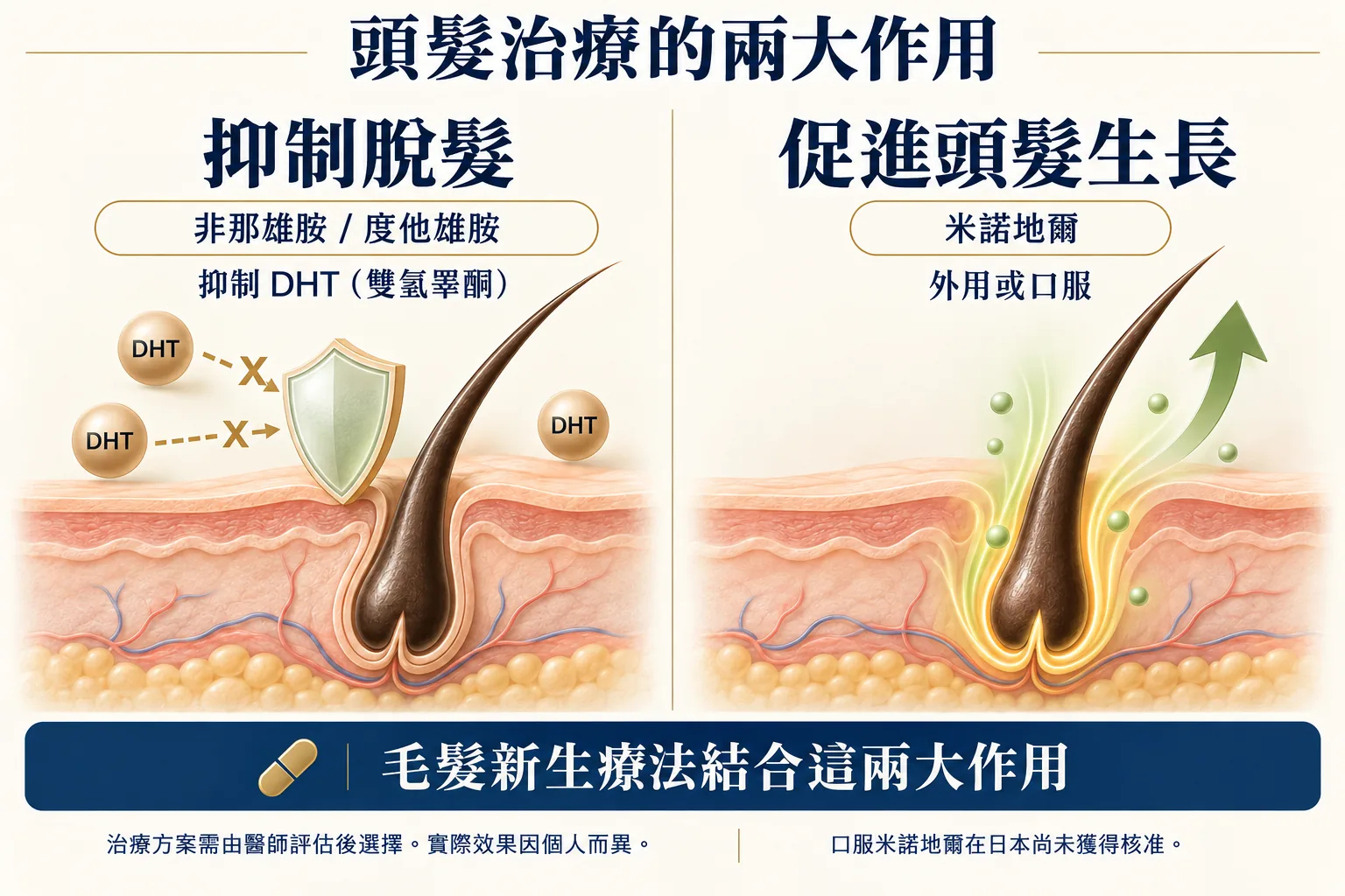 頭髮治療的兩大作用。抑制脫髮:Finasteride 或 Dutasteride 抑制使毛囊萎縮的 DHT。促進頭髮生長:Minoxidil,外用或口服。Hair Revival 結合這兩大作用。治療方案由醫師評估後選擇,效果因人而異。口服 Minoxidil 在日本尚未核准。