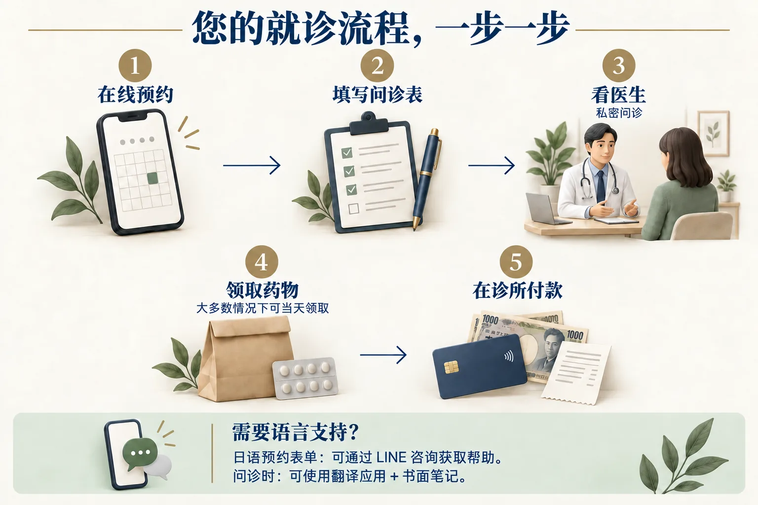 您的就诊流程。1:在线预约。2:填写问诊表。3:看医生(私密问诊)。4:领取药物,大多数情况下可当天领取。5:在诊所付款。需要语言支持?日语预约表单可通过 LINE 咨询获取帮助;问诊时可使用翻译应用和书面笔记。