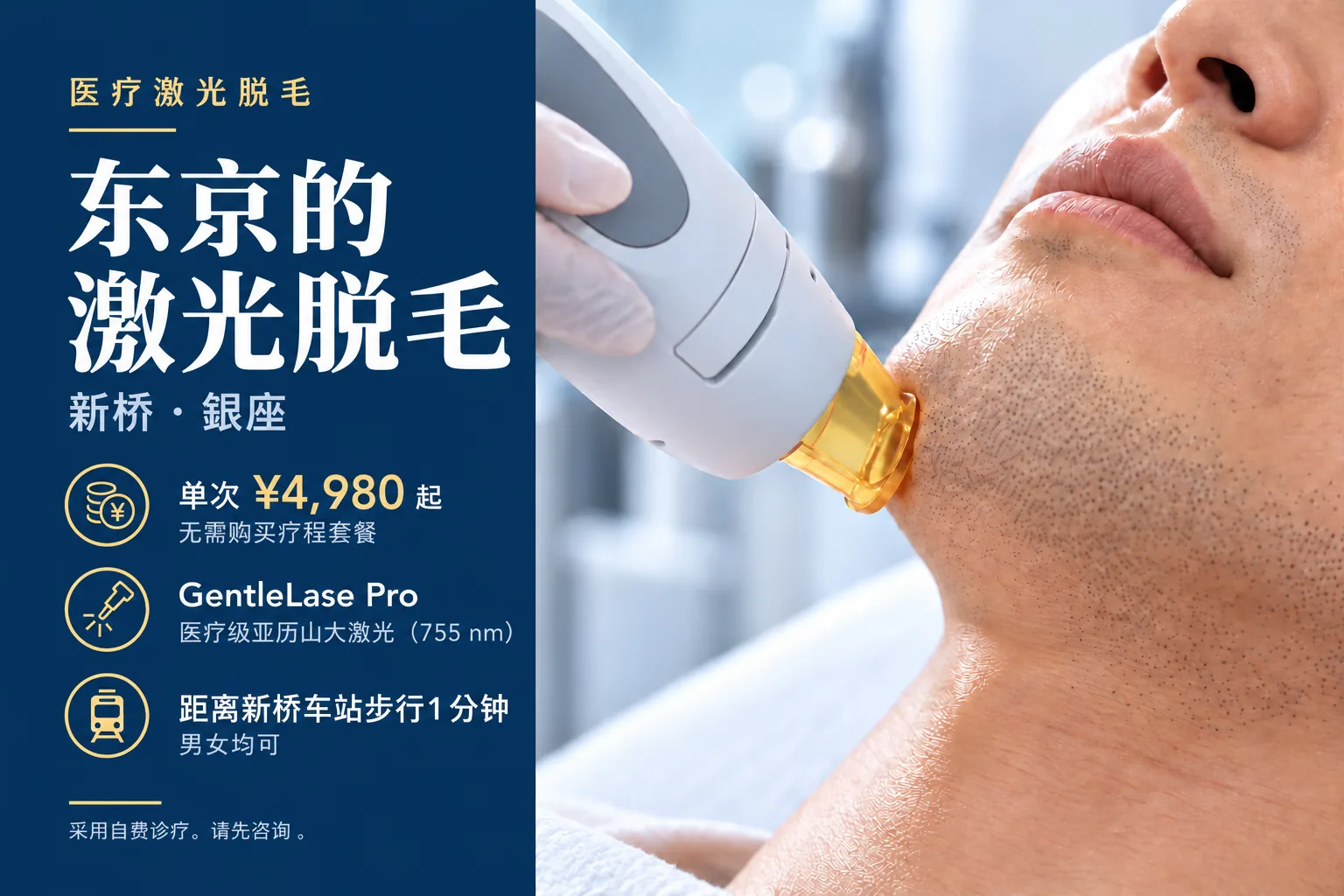 东京的激光脱毛,新桥・银座。单次¥4,980起,无需购买疗程套餐。GentleLase Pro,医疗级亚历山大激光(755 nm)。距离新桥车站步行1分钟,男女均可。采用自费诊疗,请先咨询。激光脱毛手持探头正在对男性下颌的胡须部位进行照射。