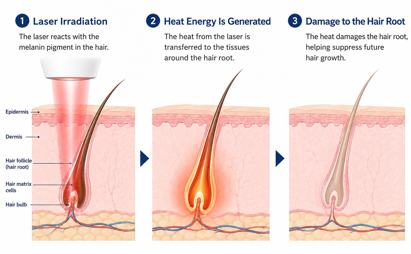 Three stages of medical laser hair removal: the laser reacts with the melanin pigment in the hair, heat is transferred to the tissue around the hair root, and the heat damages the hair root to suppress future growth.