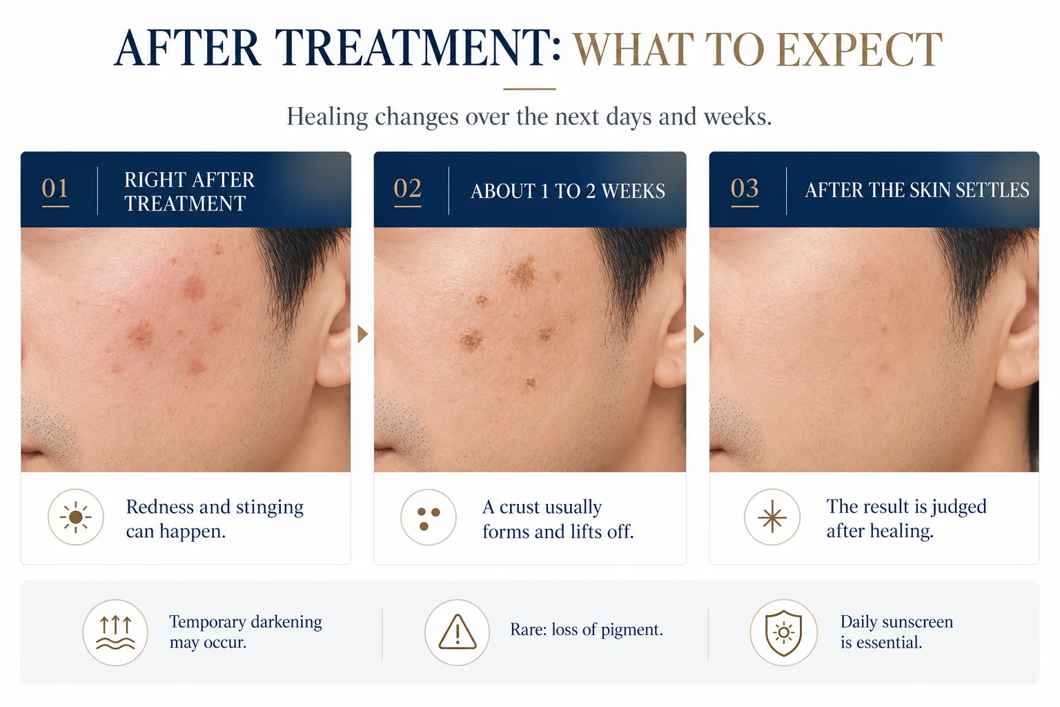 After treatment: what to expect. Healing changes over the next days and weeks. 01, right after treatment: redness and stinging can happen. 02, about 1 to 2 weeks: a crust usually forms and lifts off. 03, after the skin settles: the result is judged after healing. Temporary darkening may occur. Rare: loss of pigment. Daily sunscreen is essential.