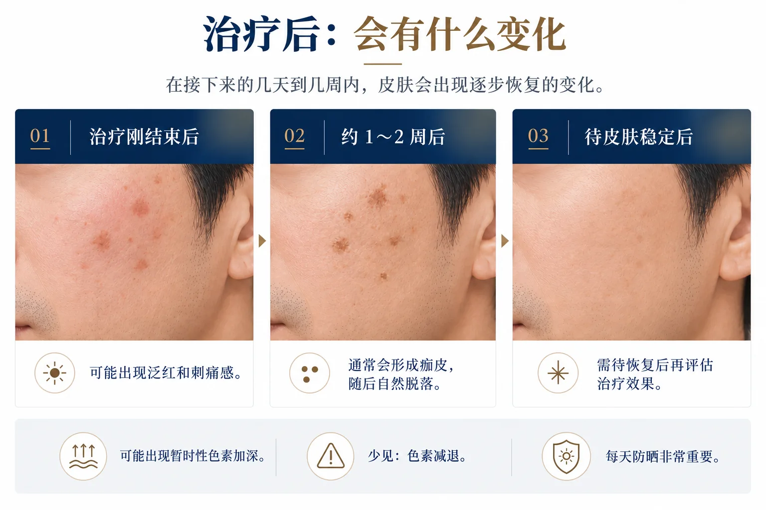 治疗后：会有什么变化。在接下来的几天到几周内，皮肤会出现逐步恢复的变化。01 治疗刚结束后：可能出现泛红和刺痛感。02 约1〜2周后：通常会形成痂皮，随后自然脱落。03 待皮肤稳定后：需待恢复后再评估治疗效果。可能出现暂时性色素加深。少见：色素减退。每天防晒非常重要。