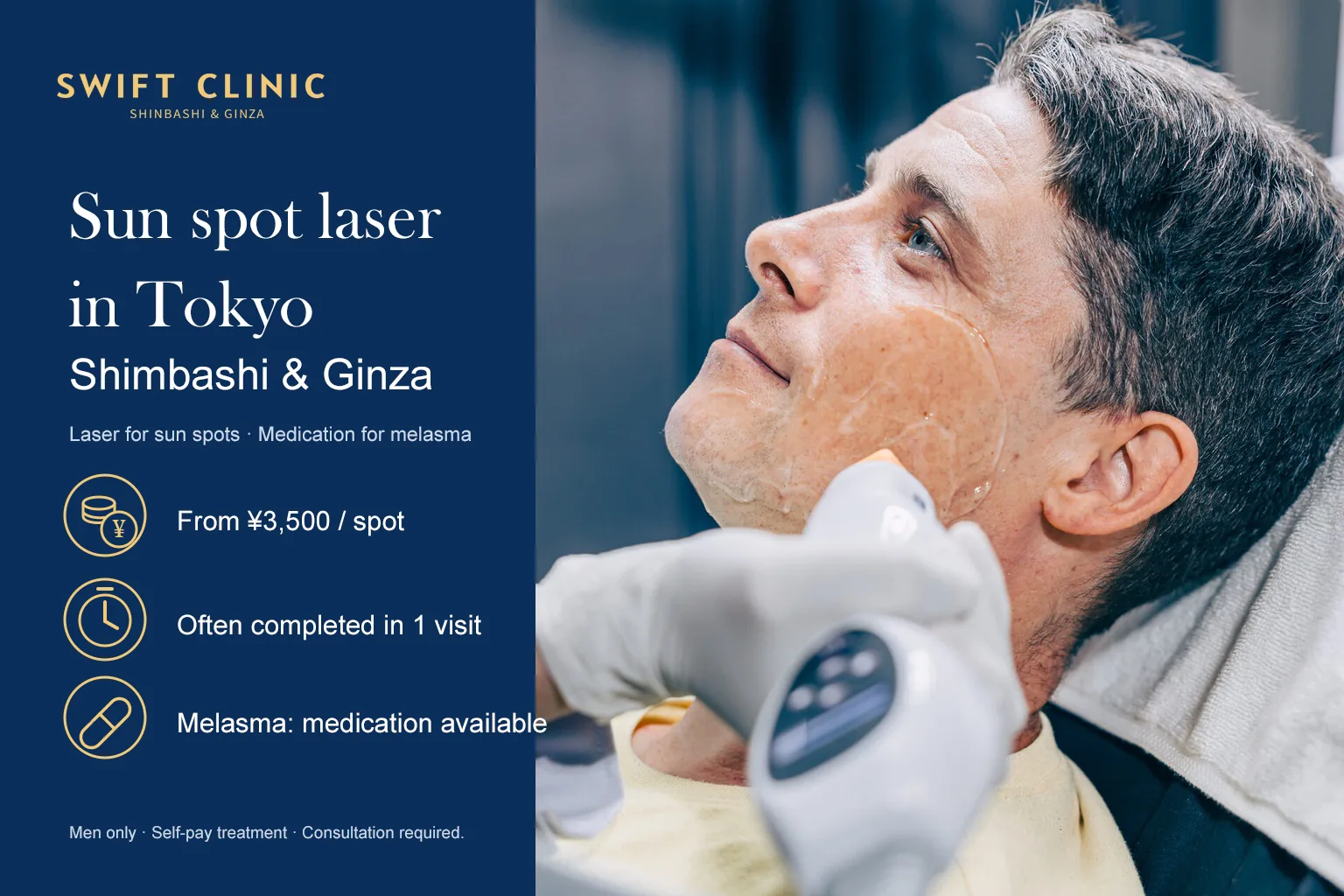 Sun spot laser in Tokyo, Shimbashi and Ginza. Laser for sun spots, medication for melasma. From 3,500 yen per spot. Often completed in one visit. Melasma: medication available. Men only, self-pay treatment, consultation required. A gloved clinician applies a laser handpiece to a man’s cheek.