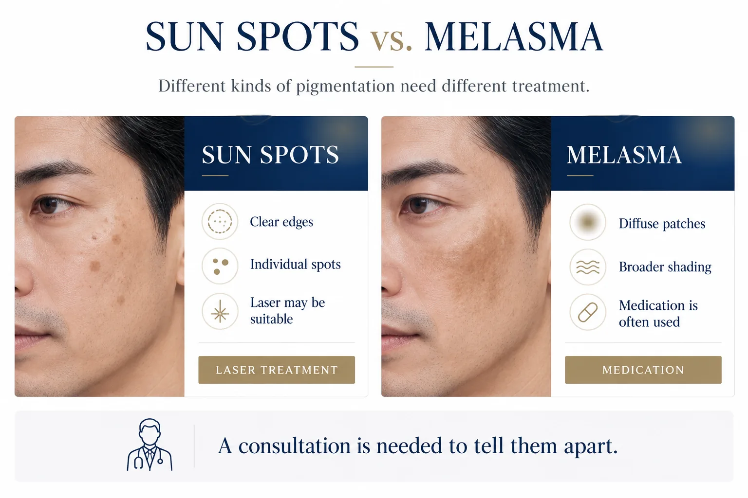 Sun spots vs. melasma. Different kinds of pigmentation need different treatment. Sun spots: clear edges, individual spots, laser may be suitable; laser treatment. Melasma: diffuse patches, broader shading, medication is often used; medication. A consultation is needed to tell them apart.